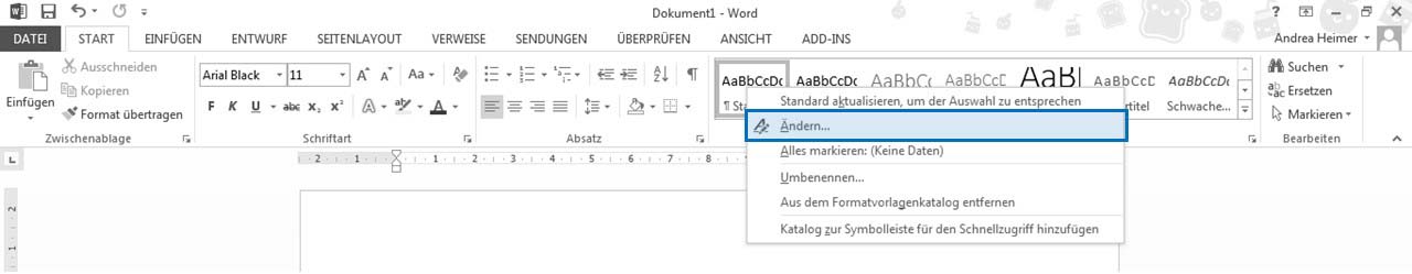 Formatvorlagen in Word ändern, Möglichkeit 1: Klick auf "Ändern ..."